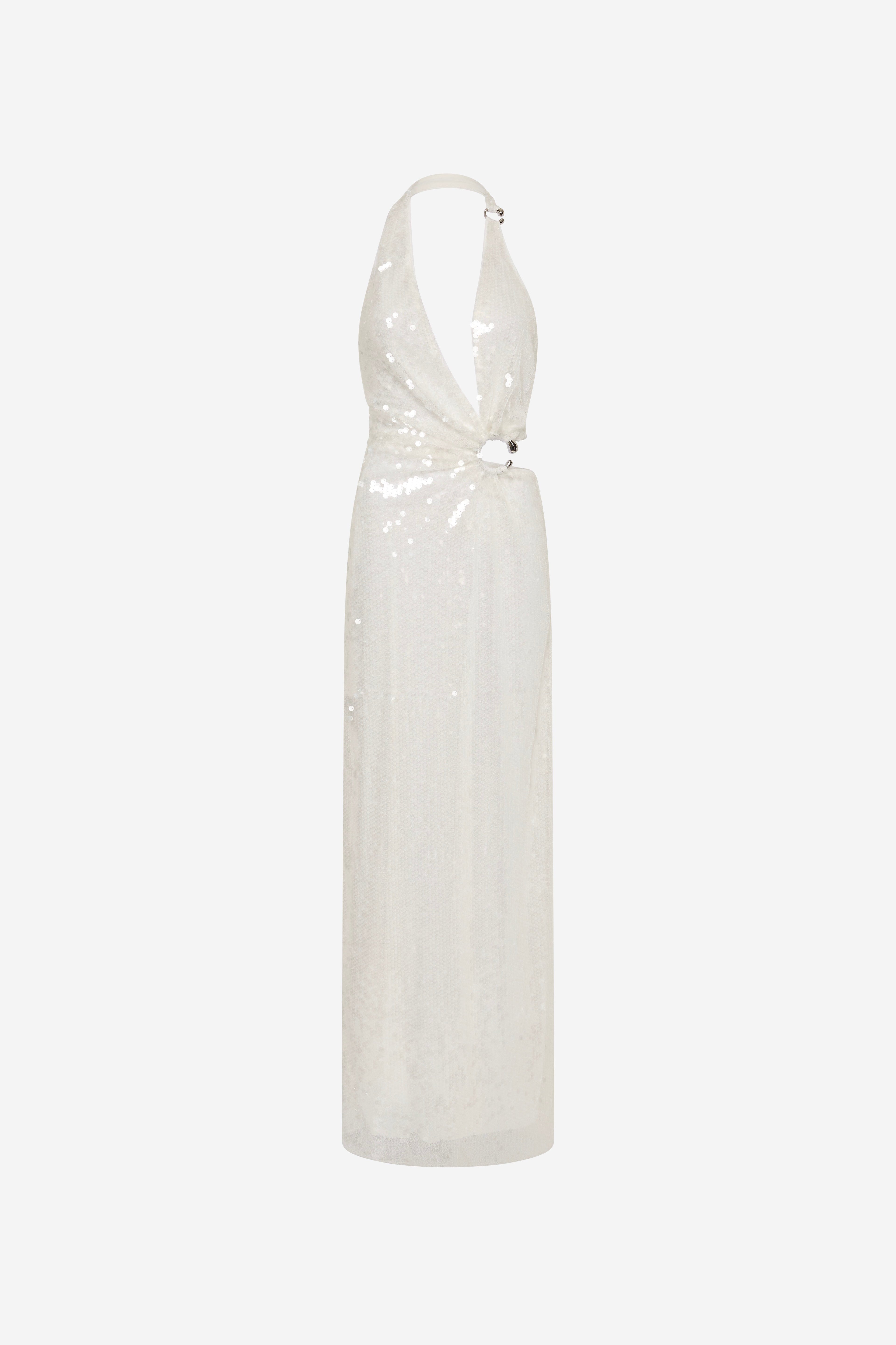Ivory sequin halter maxi dress, open back with tie strap
