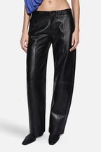 Black leather high-rise pants with smooth front and belt-loop waistband