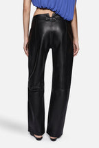 Black leather high-rise wide-leg pants with front button and center seams