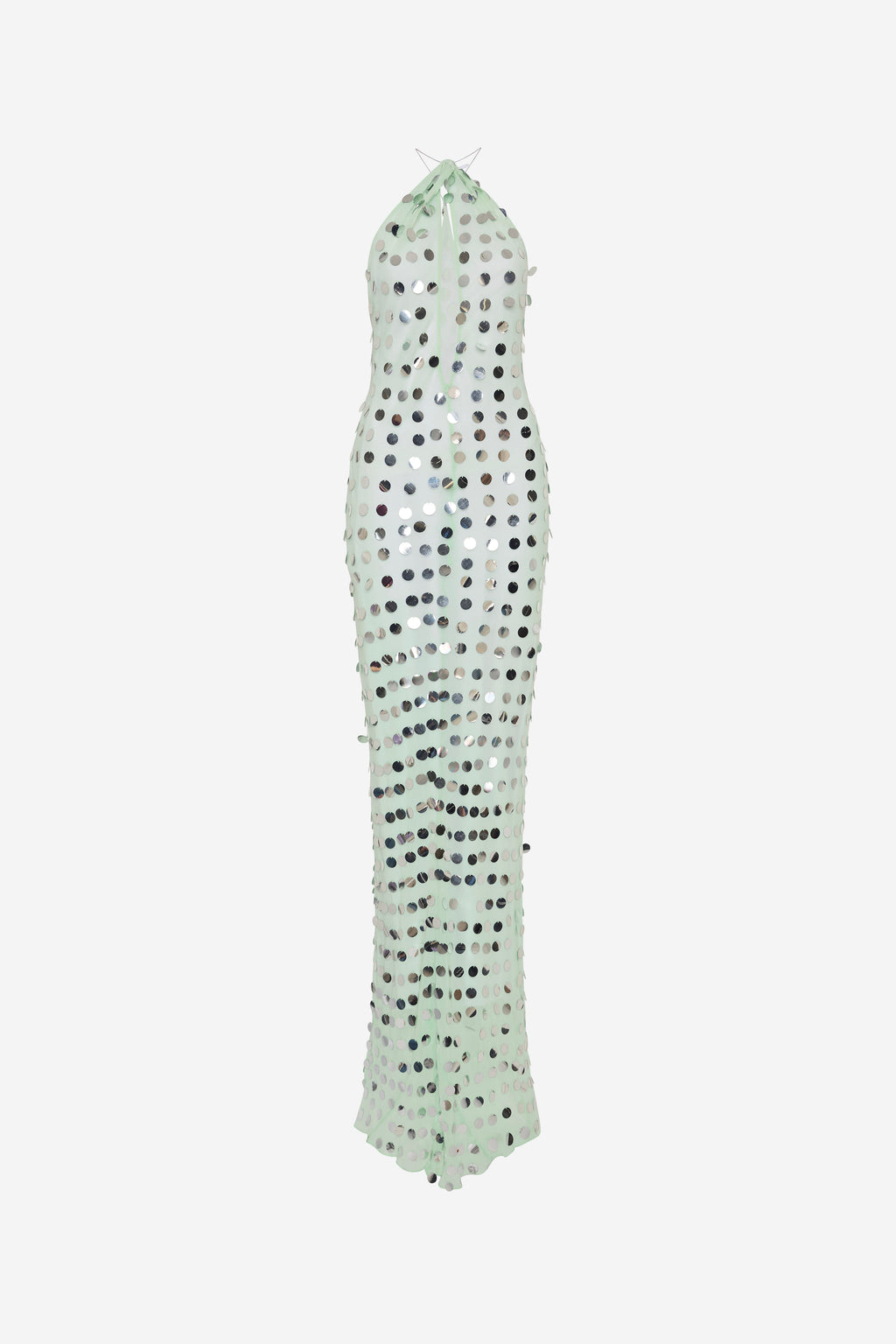 Mint mirror bead halter maxi dress, open-back tie straps, column fit