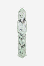Mint mirror bead halter maxi dress, open-back tie straps, column fit