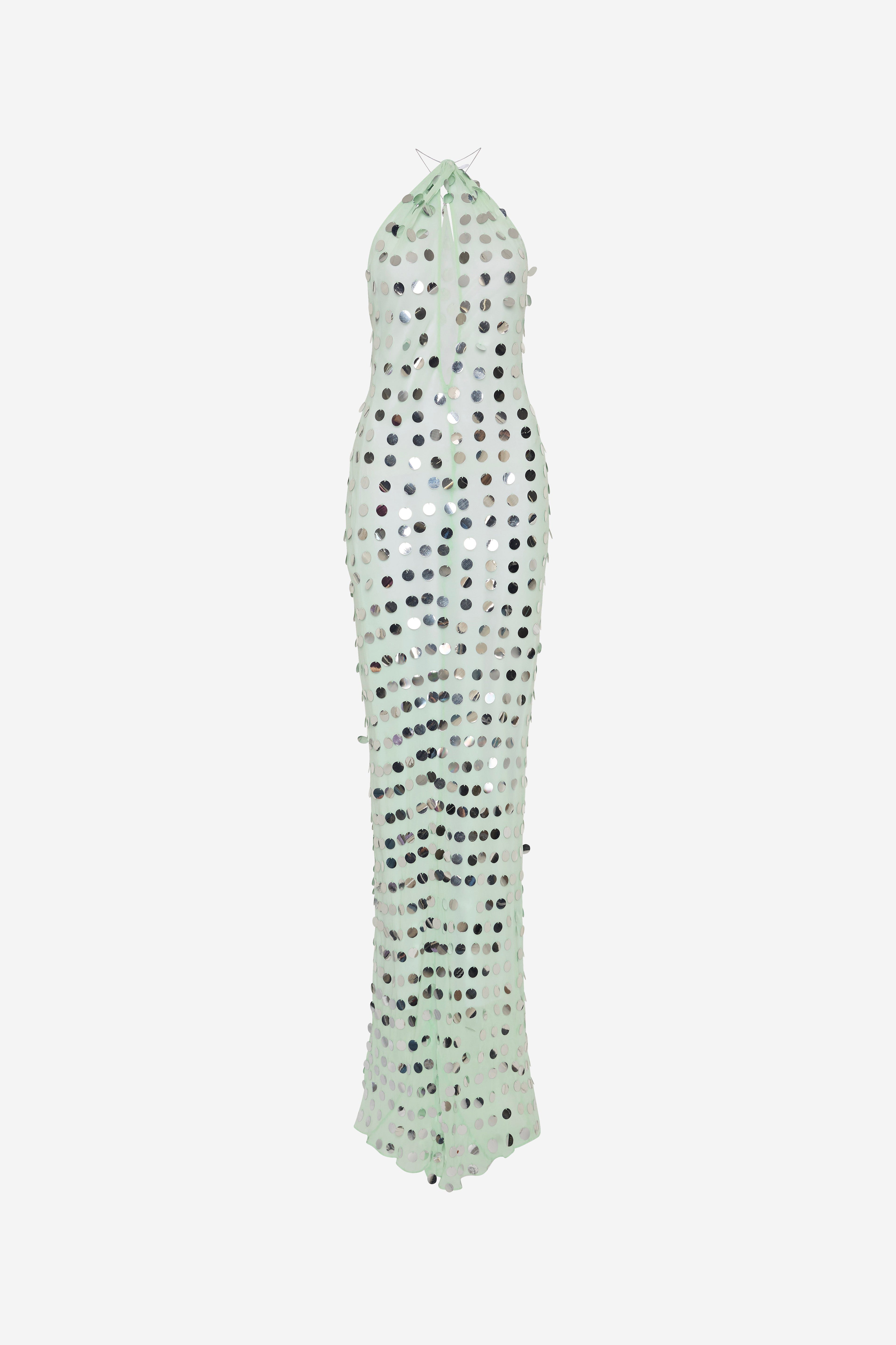 Mint mirror bead halter maxi dress, open-back tie straps, column fit