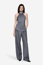 Grey wrap-front suiting pants with straight wide-leg fit
