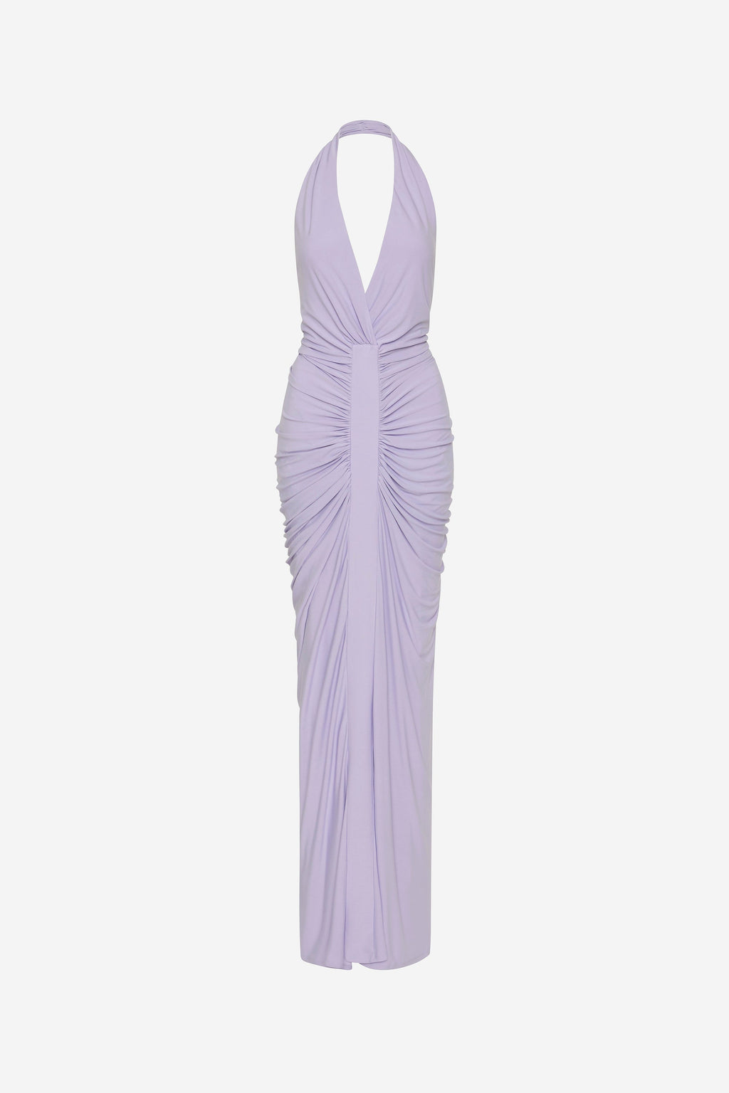 Lilac gathered cupro halter maxi dress, ruched back with open V