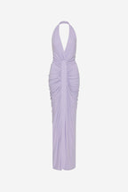 Lilac gathered cupro halter maxi dress, ruched back with open V