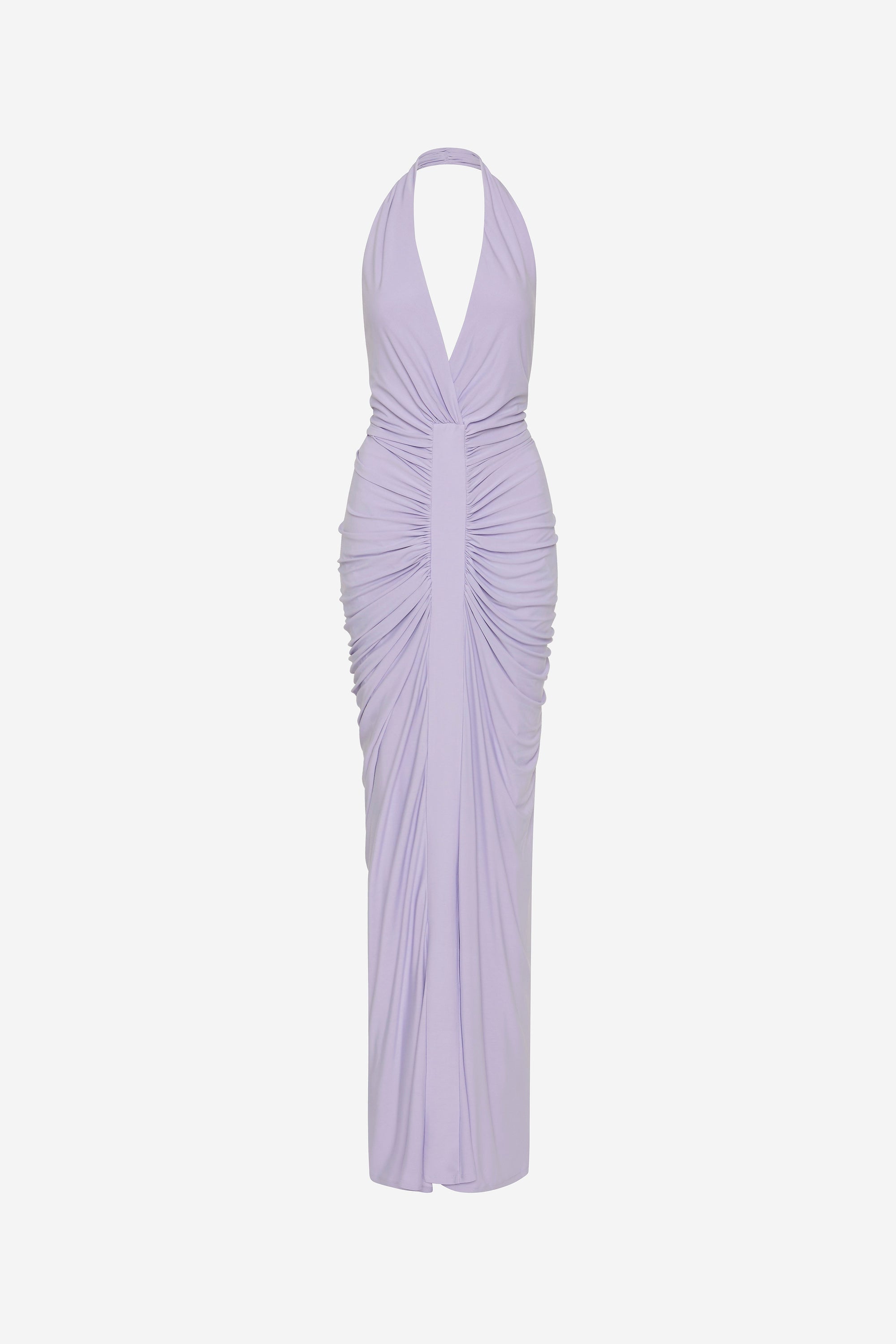 Lilac gathered cupro halter maxi dress, ruched back with open V