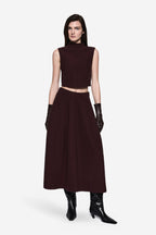 Burgundy boucle sleeveless high-neck crop top with straight hem