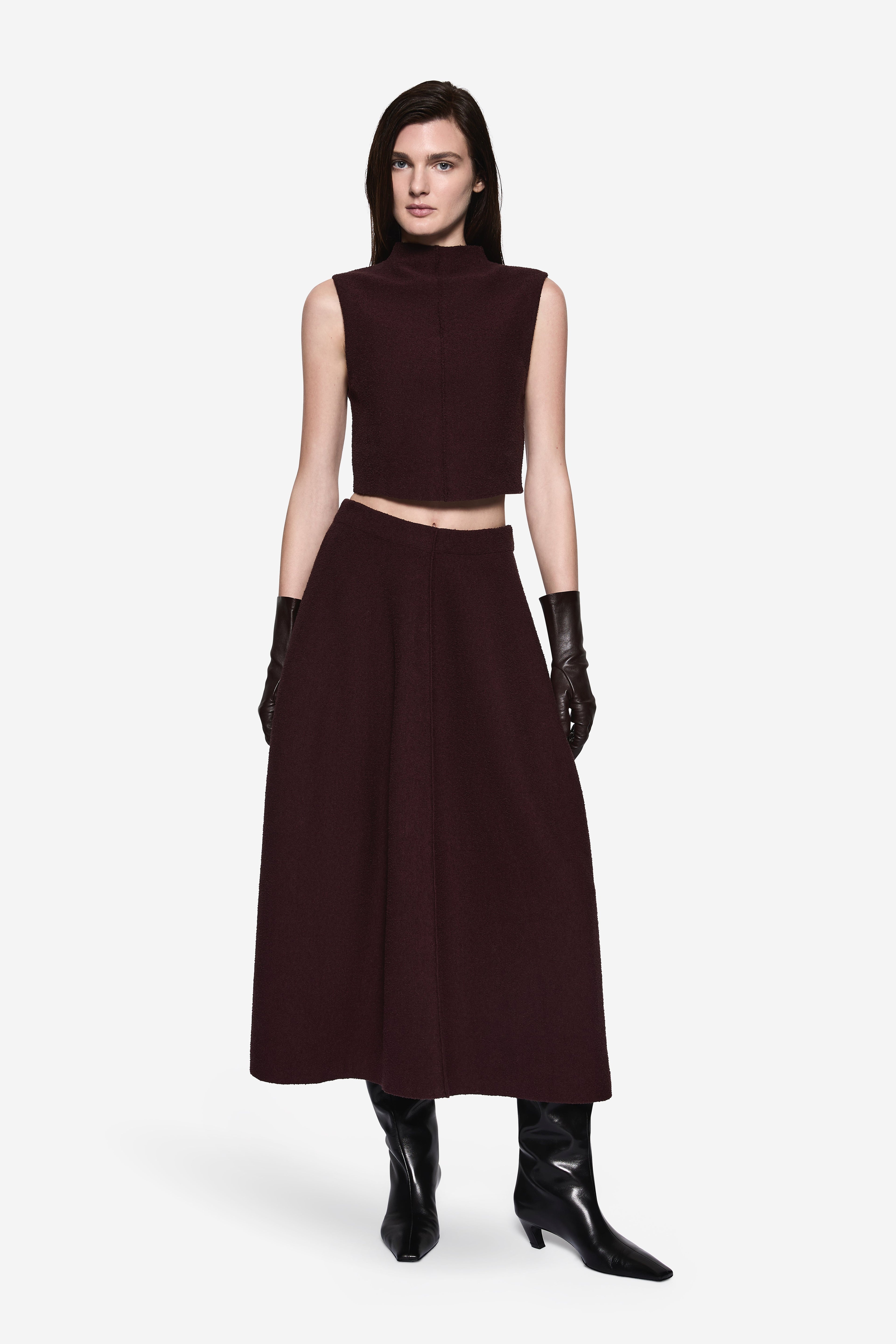 Eggplant boucle midi skirt with gathered waistband and A-line pleated skirt