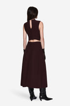 Burgundy boucle sleeveless top with high neck and open back