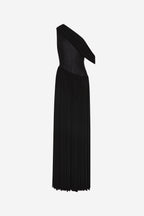 Black sleeveless one-shoulder maxi dress with drape detail and vertical pleats