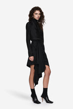 Black draped wool suiting skirt with asymmetrical layered hem and waist wrap tie