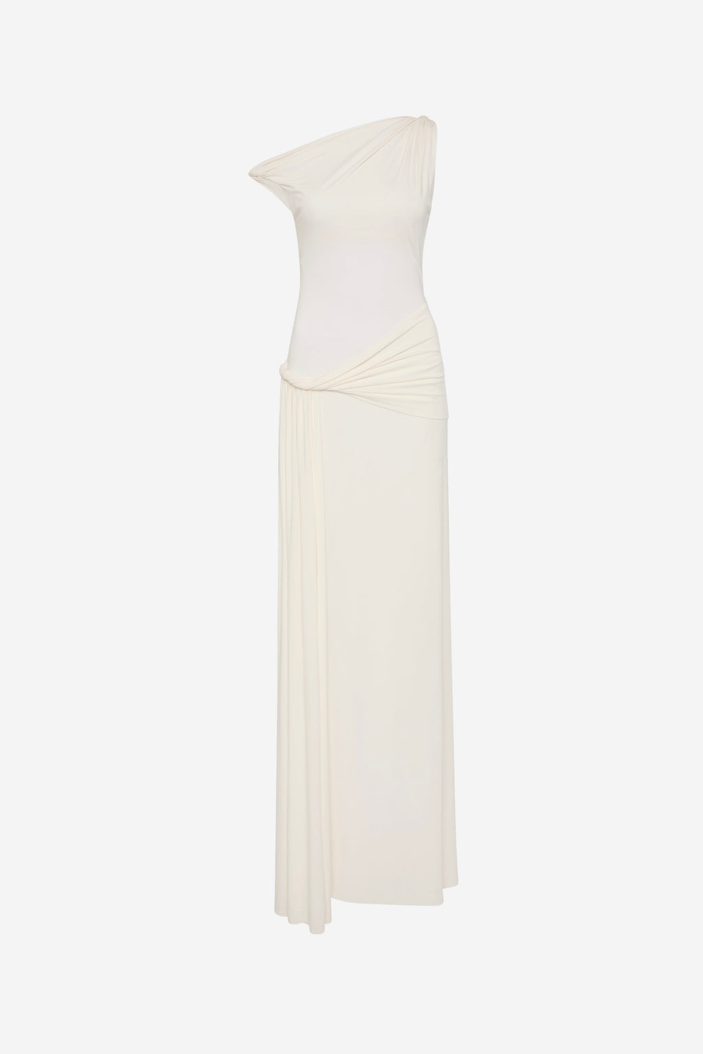 Ivory one-shoulder jersey maxi dress with gathered waist side drape