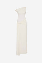 Ivory one-shoulder jersey maxi dress with gathered waist side drape