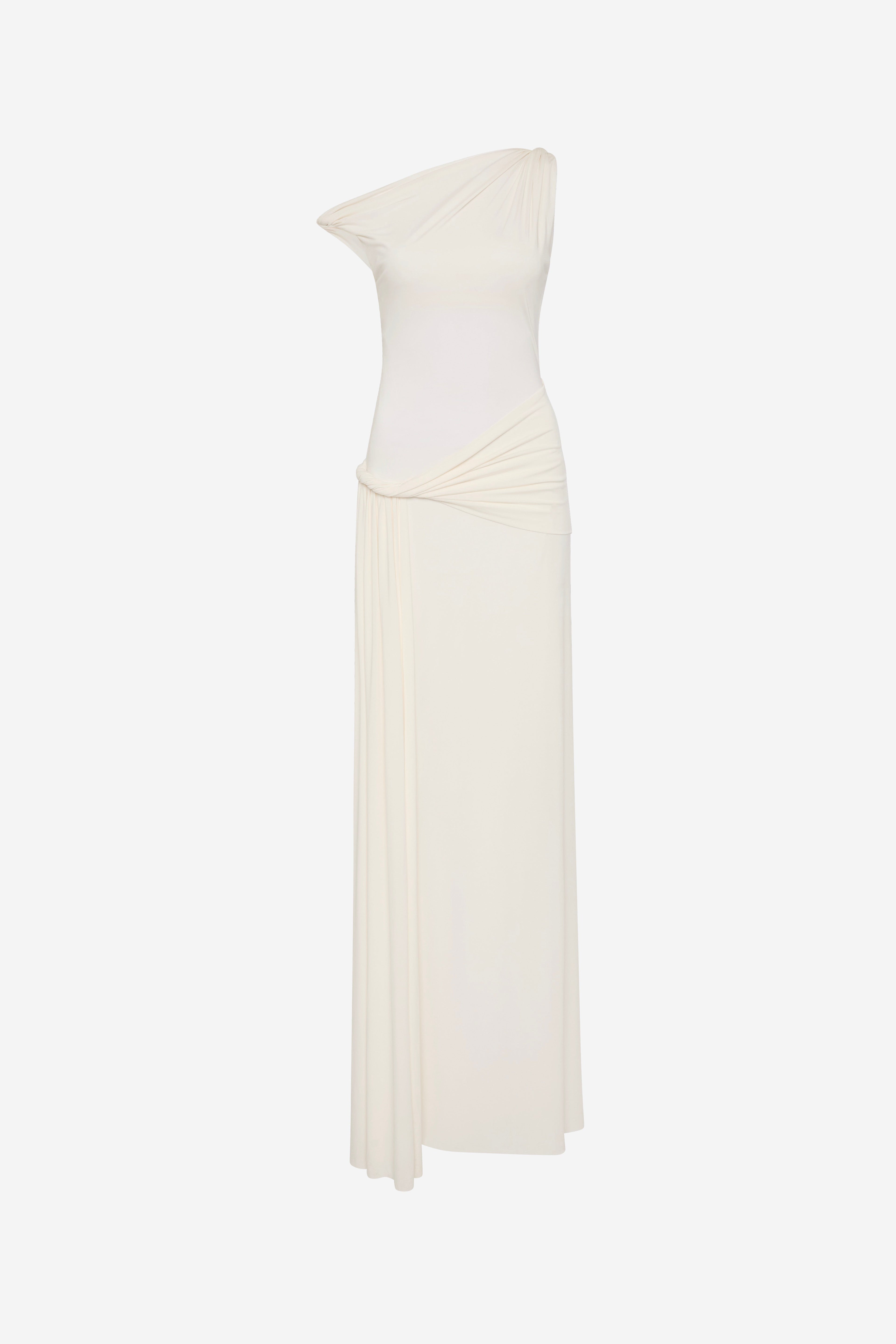 Ivory one-shoulder jersey maxi dress with gathered waist side drape