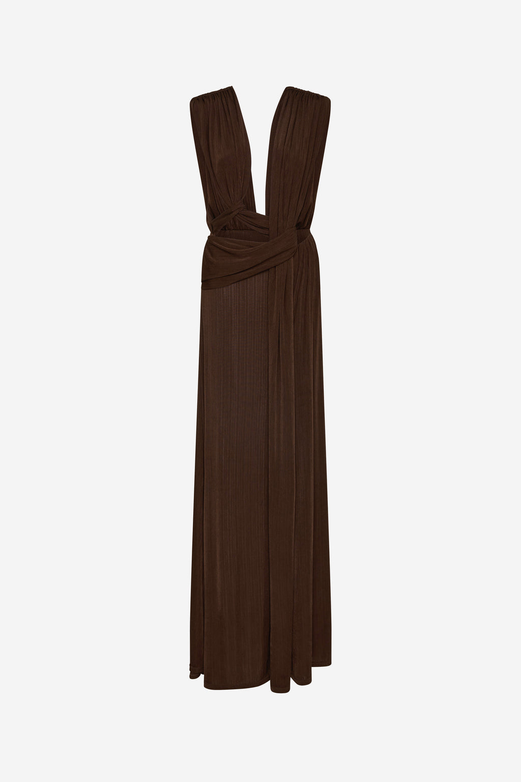 Chocolate sleeveless draped rib dress with deep V and gathered waist