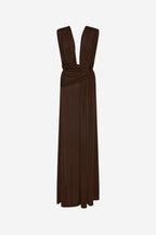 Chocolate sleeveless draped rib dress with deep V and gathered waist
