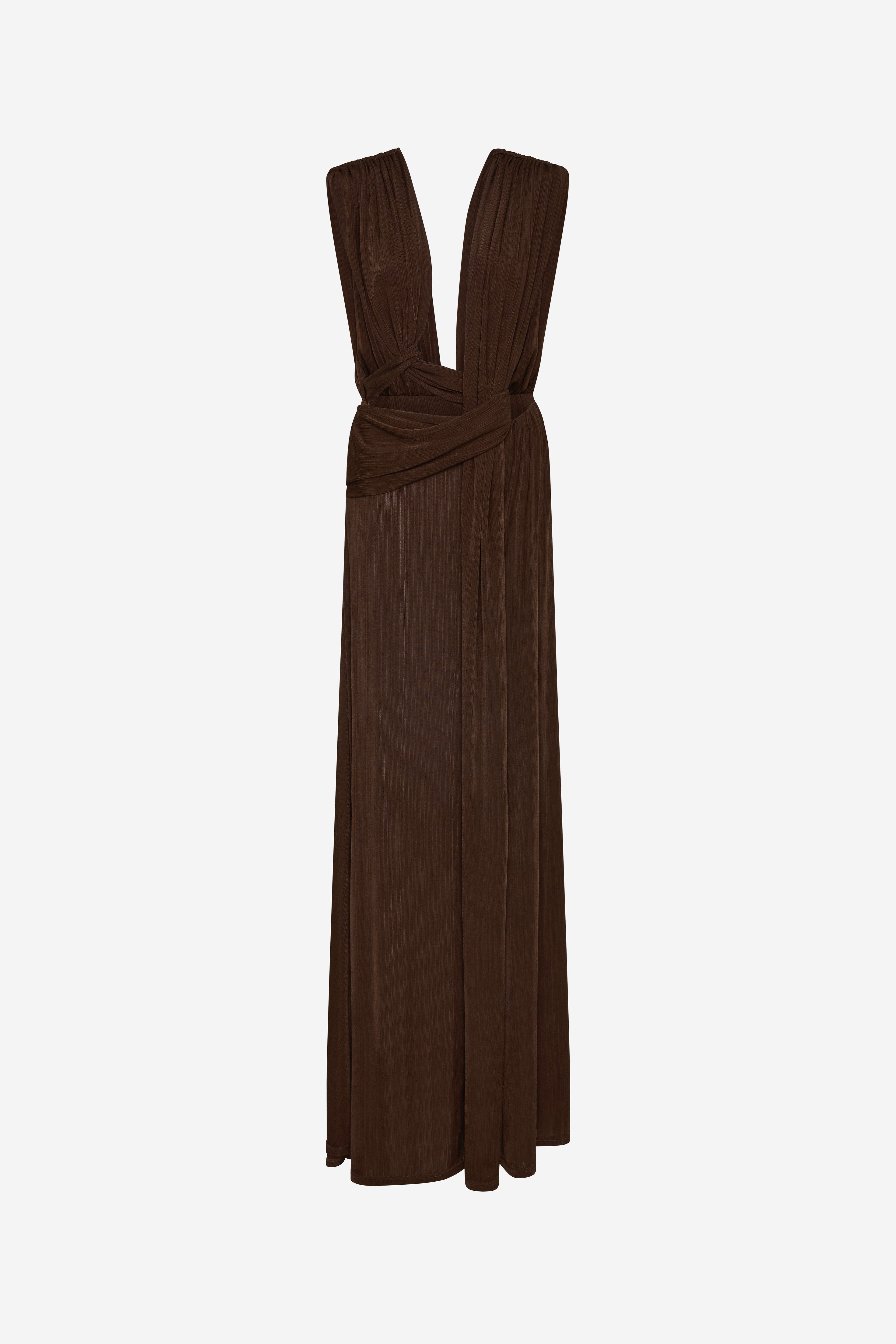 Chocolate sleeveless draped rib dress with deep V and gathered waist