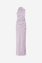 Lilac satin sleeveless dress with draped cowl neckline and side slit