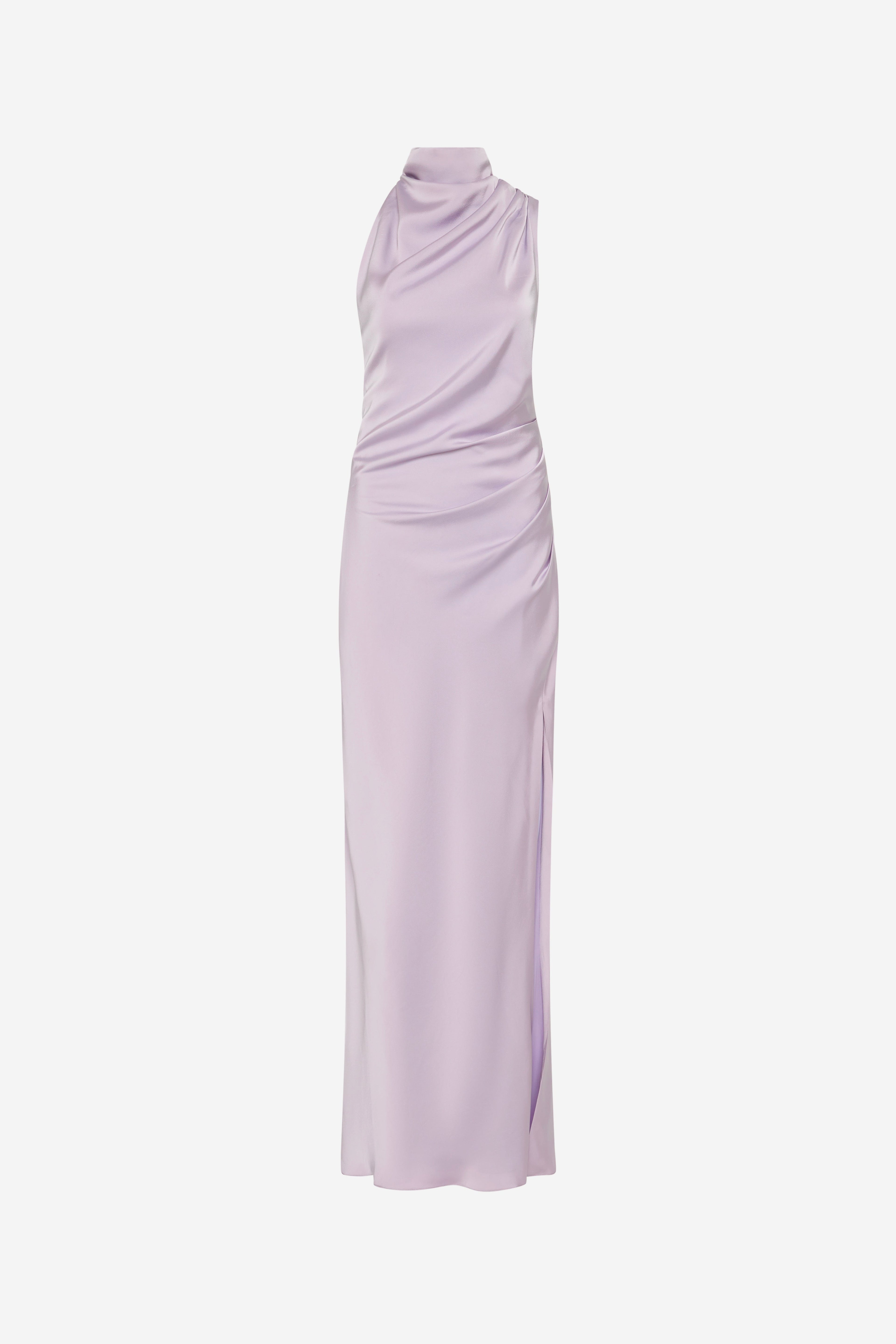 Lilac satin sleeveless dress with draped cowl neckline and side slit