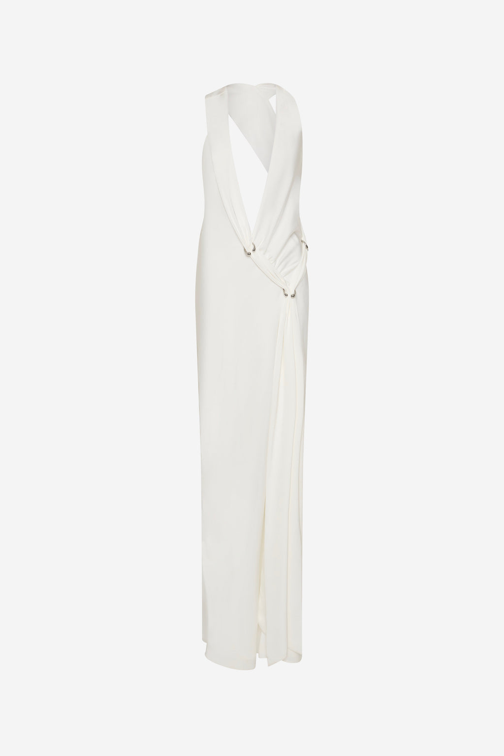 Ivory satin wrap dress, sleeveless V-neck, draped front with tie straps