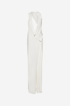 Ivory satin wrap dress, sleeveless V-neck, draped front with tie straps