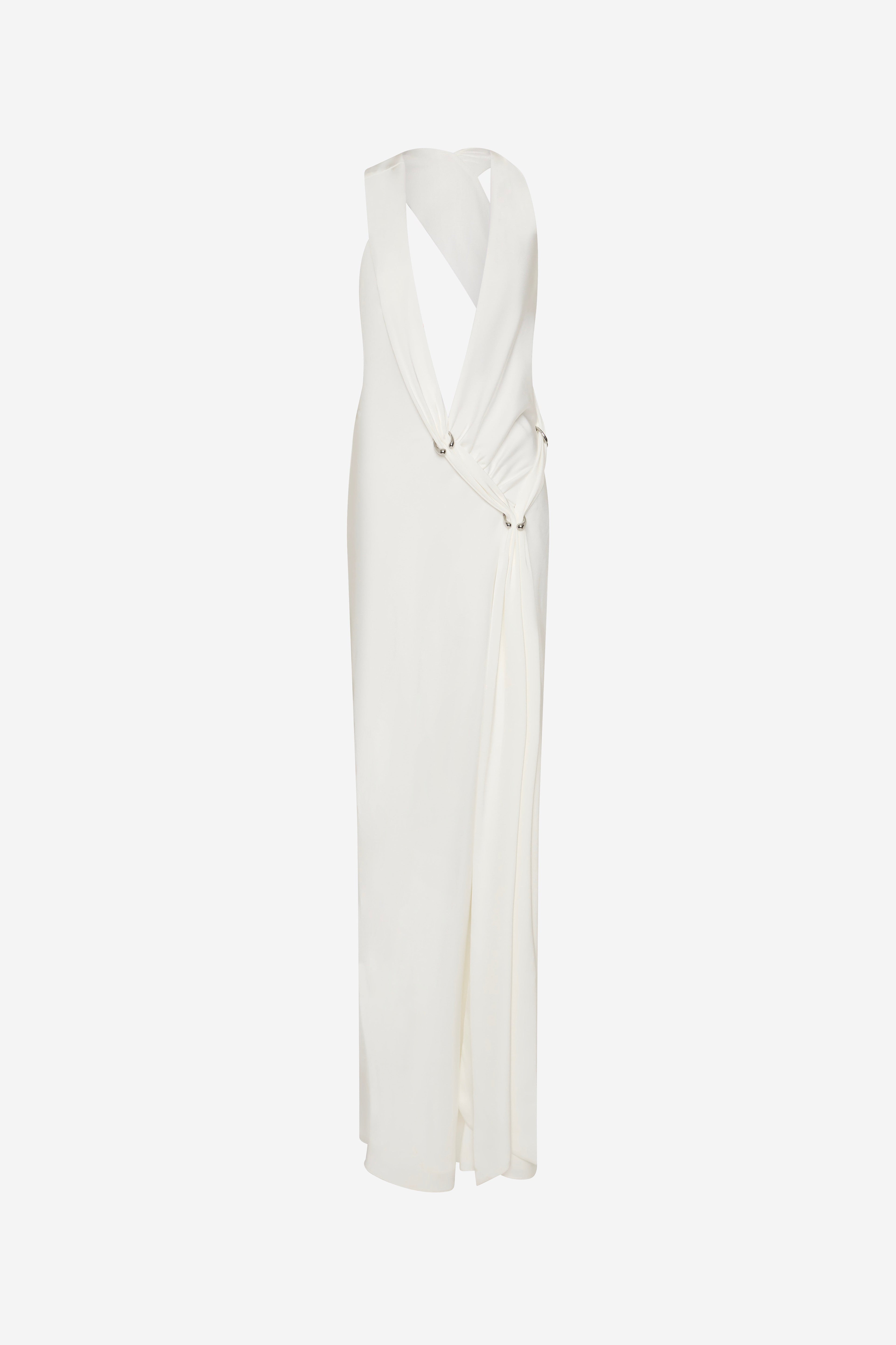Ivory satin wrap dress, sleeveless V-neck, draped front with tie straps