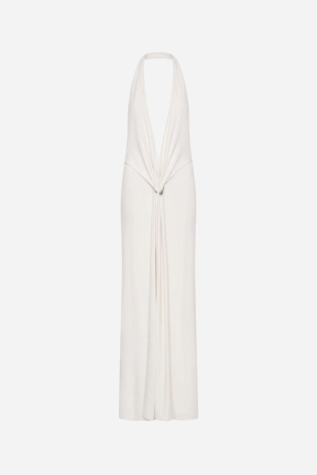 Ivory jersey dress, sleeveless V-neck with draped front and tie detail