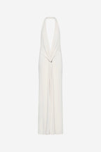 Ivory jersey dress, sleeveless V-neck with draped front and tie detail