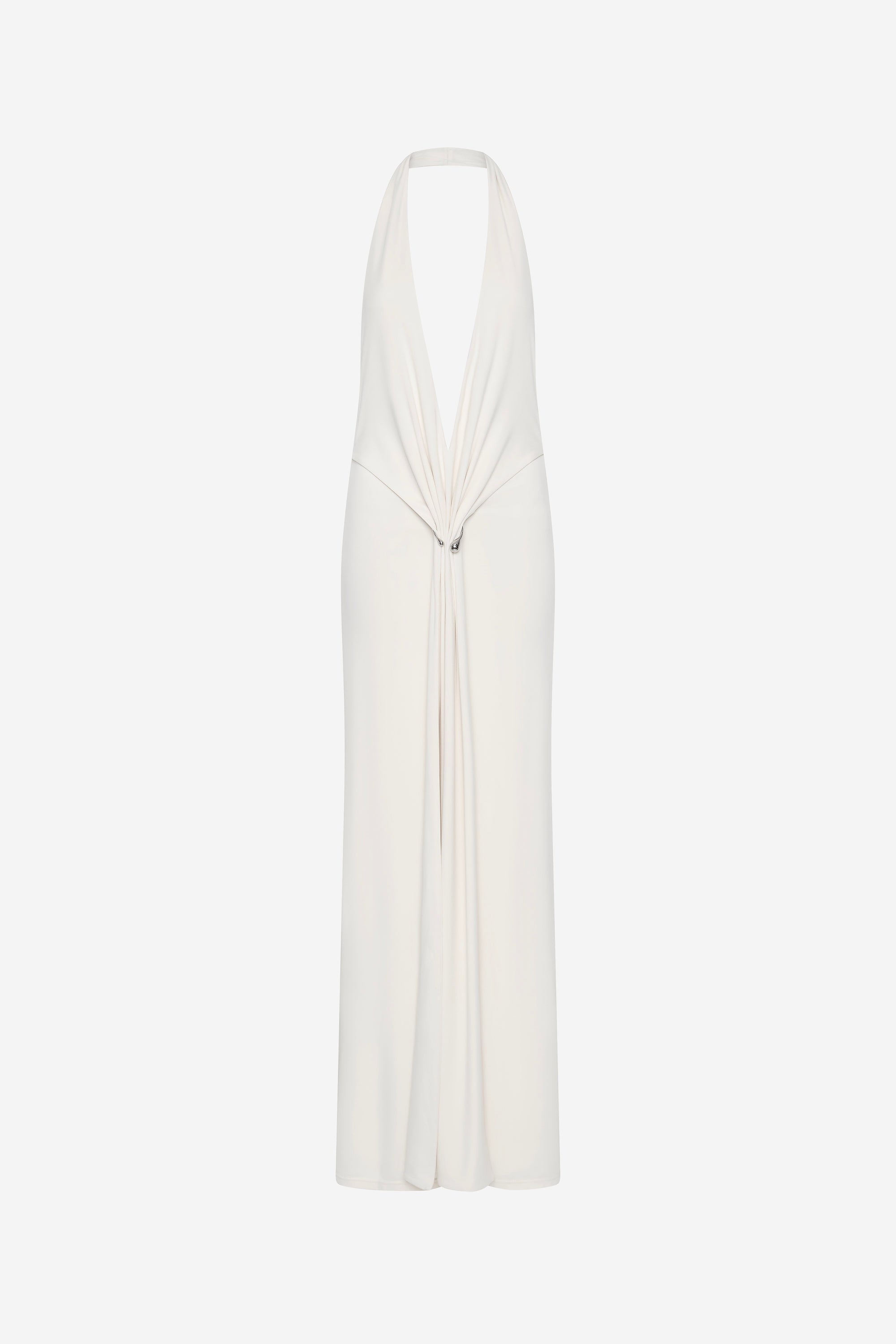 Ivory jersey dress, sleeveless V-neck with draped front and tie detail