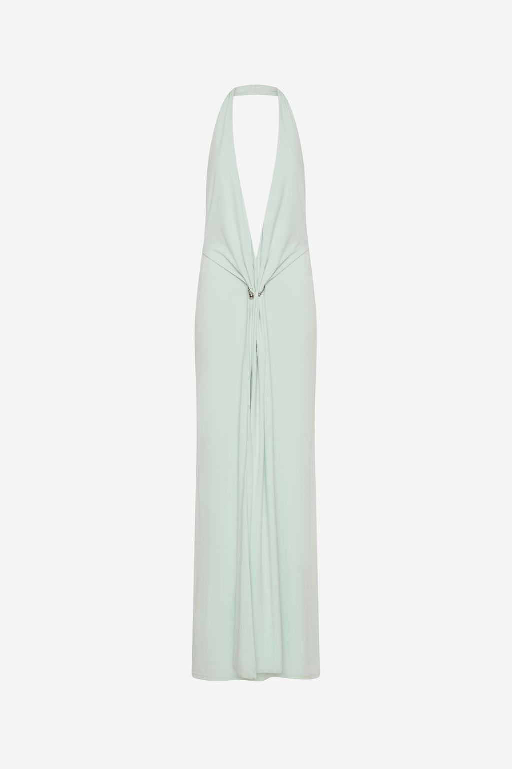Mint green sleeveless maxi jersey dress with deep V halter neckline and draped tie detail