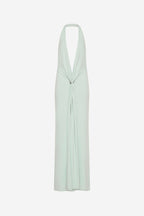 Mint green sleeveless maxi jersey dress with deep V halter neckline and draped tie detail
