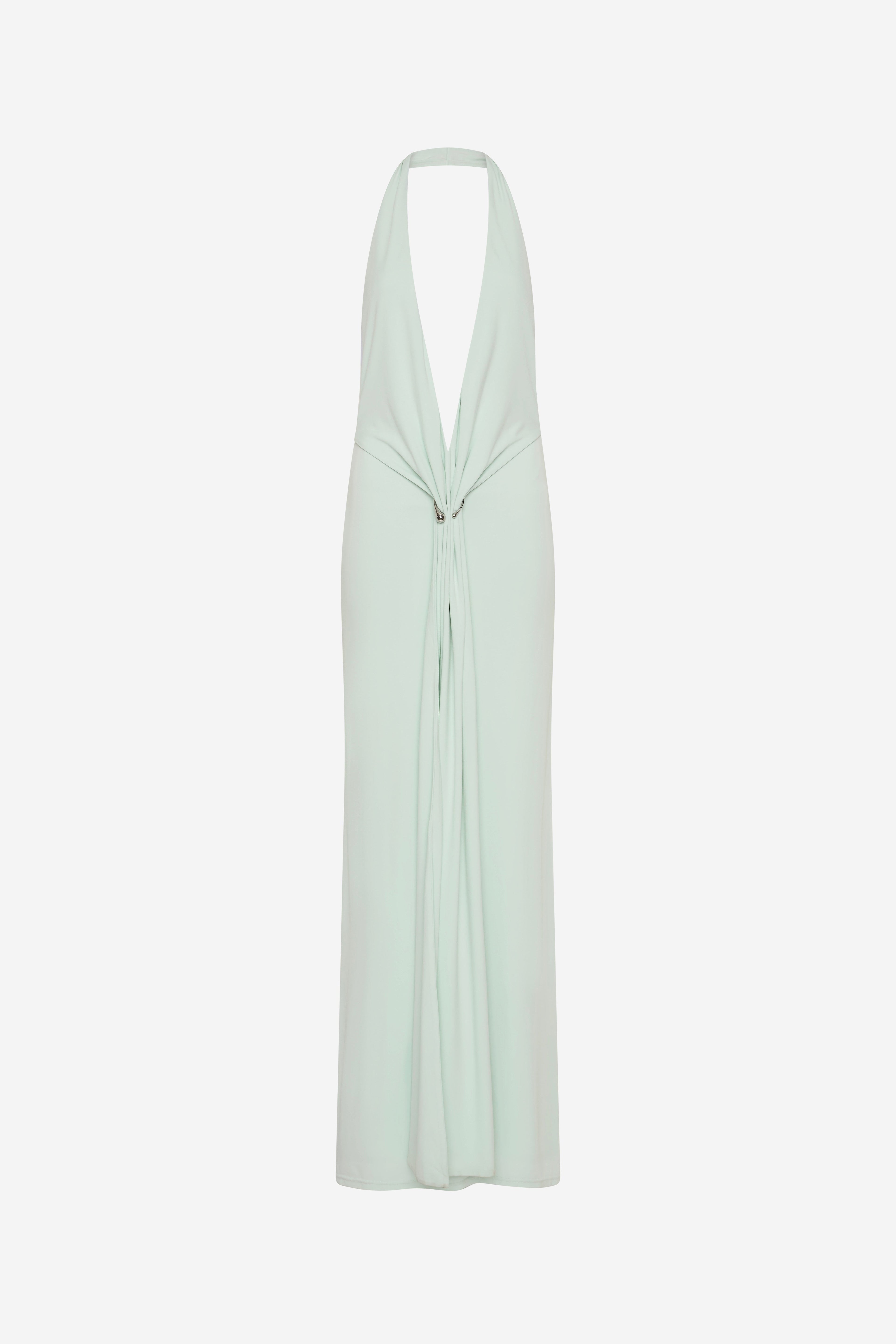 Mint green sleeveless maxi jersey dress with deep V halter neckline and draped tie detail