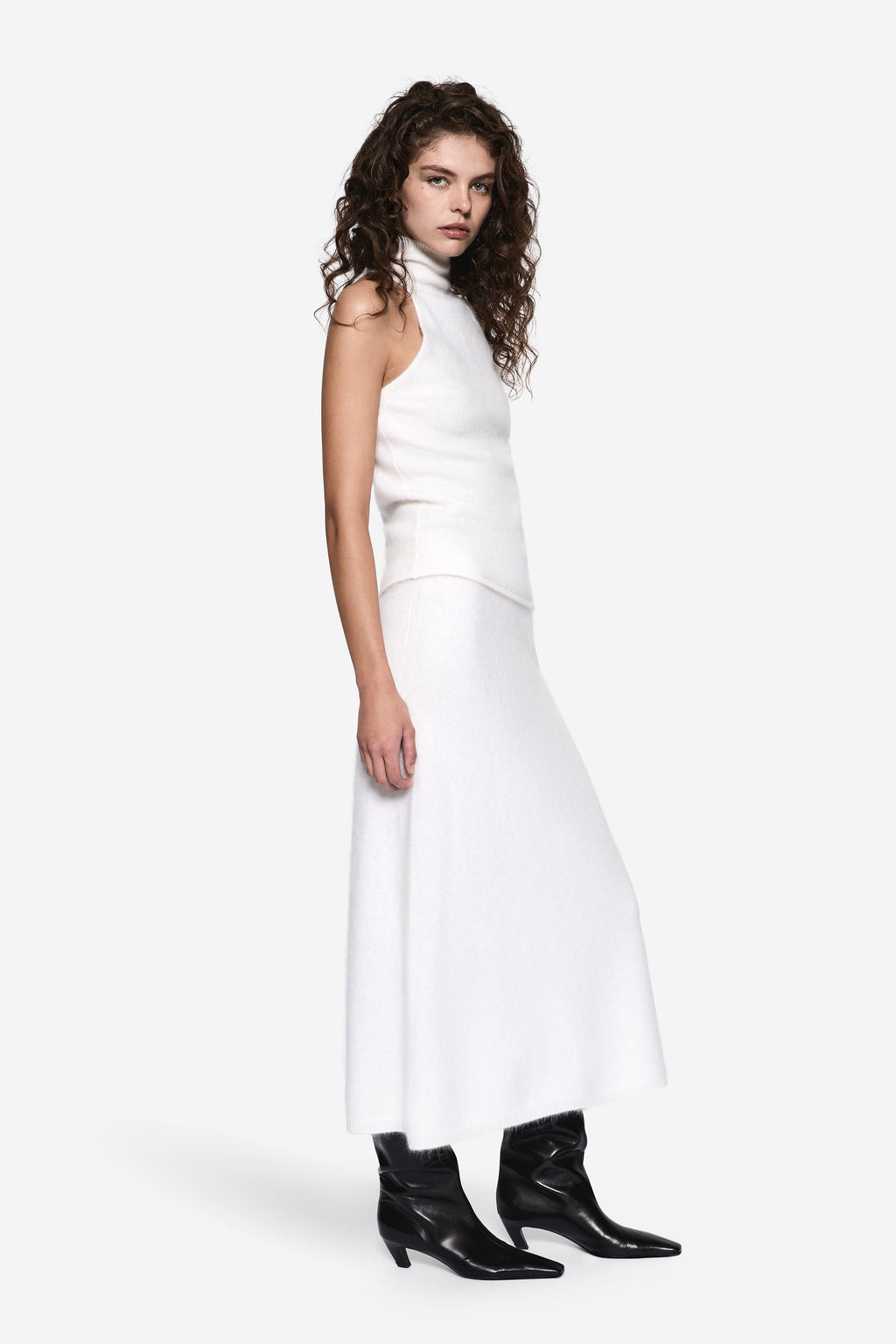 Brushed cashmere midi skirt in winter white with straight, A-line silhouette