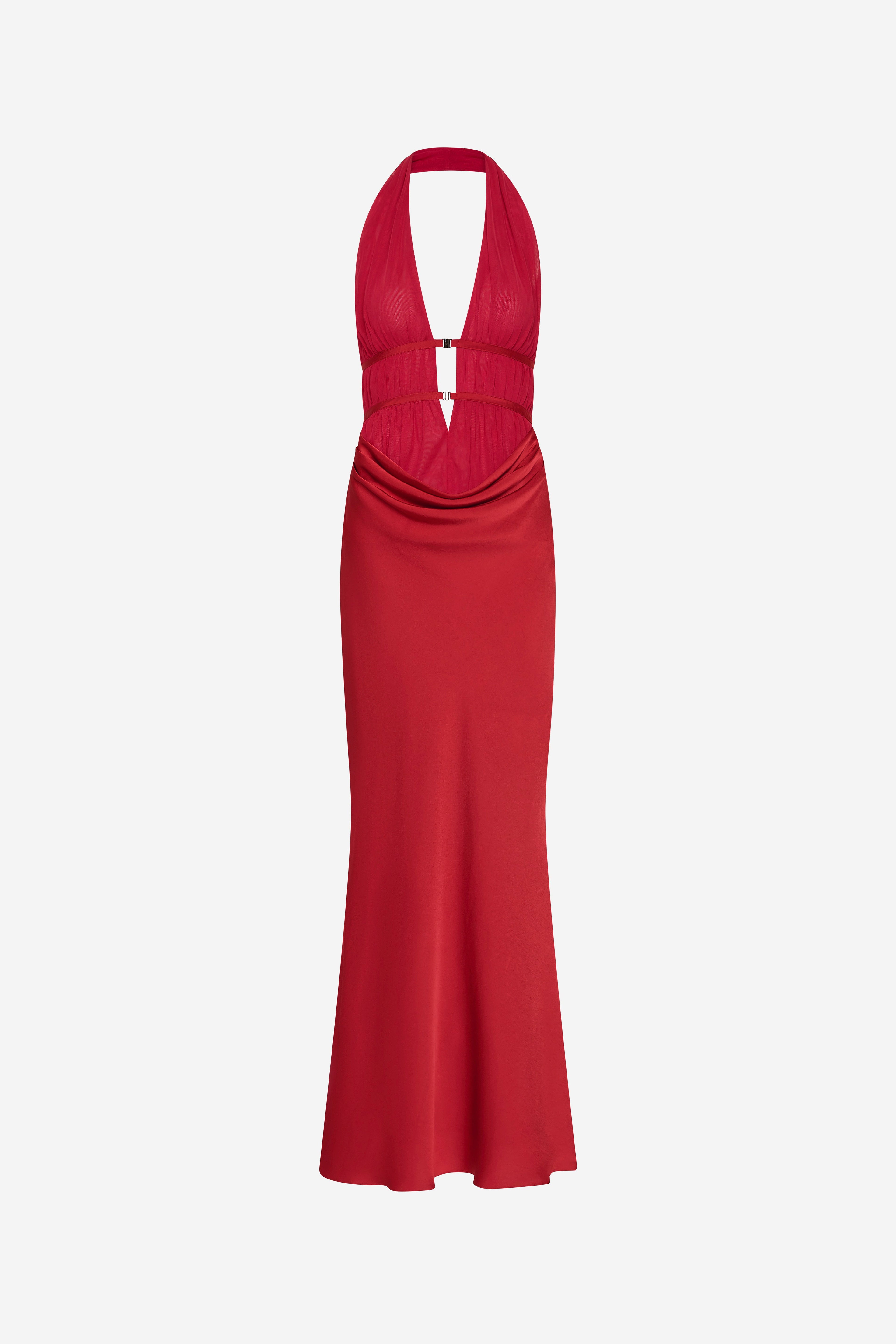 Celine satin halter maxi dress, deep jester red, draped back and gathered waist
