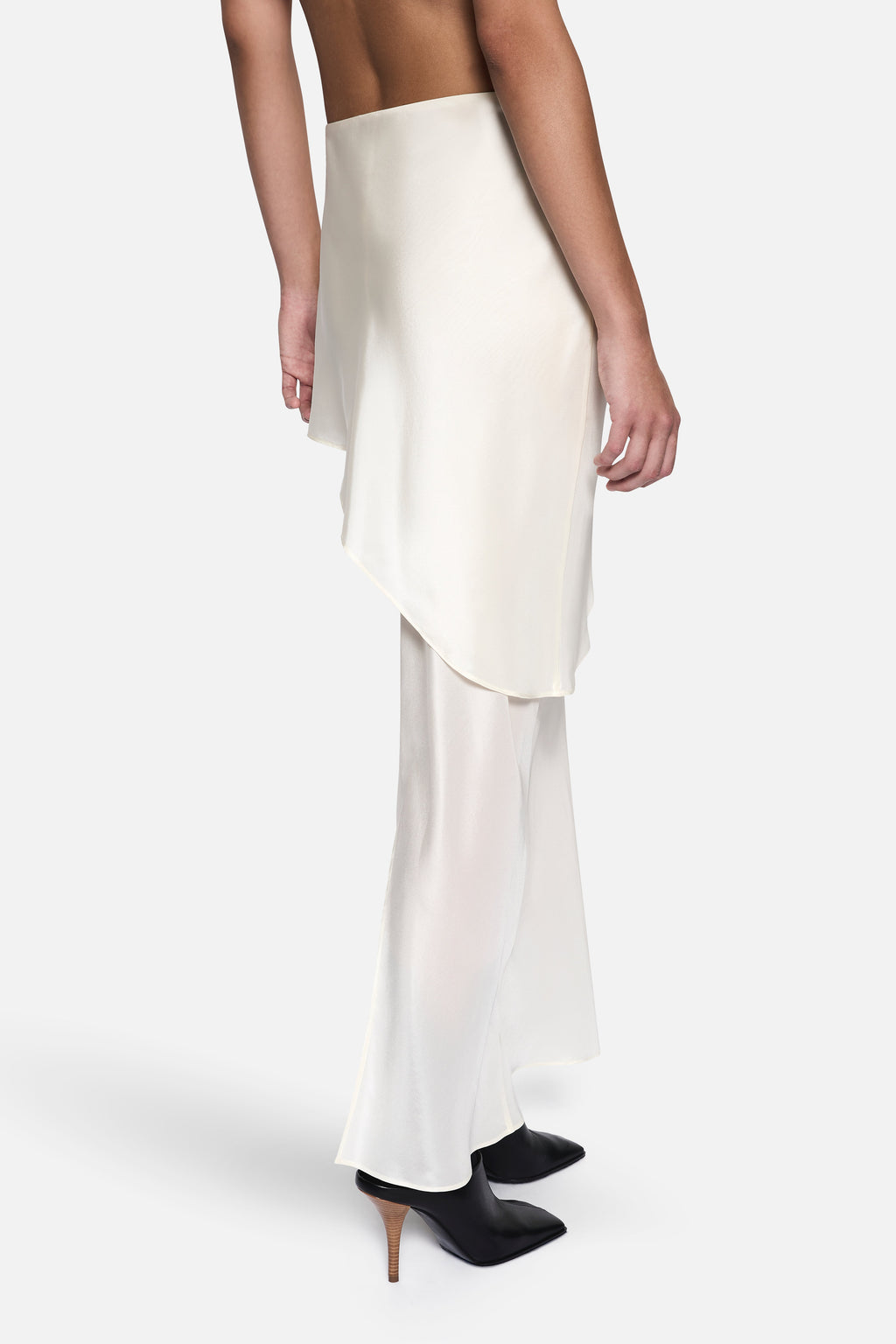 Winter white bias-cut silk skirt, asymmetric side panel and flowing straight hem