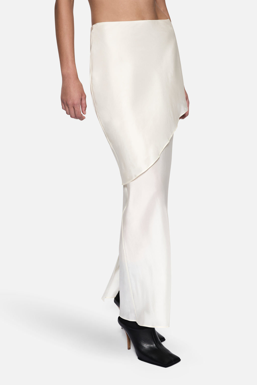 Winter white bias-cut silk skirt, asymmetric overlap hem and long straight silhouette