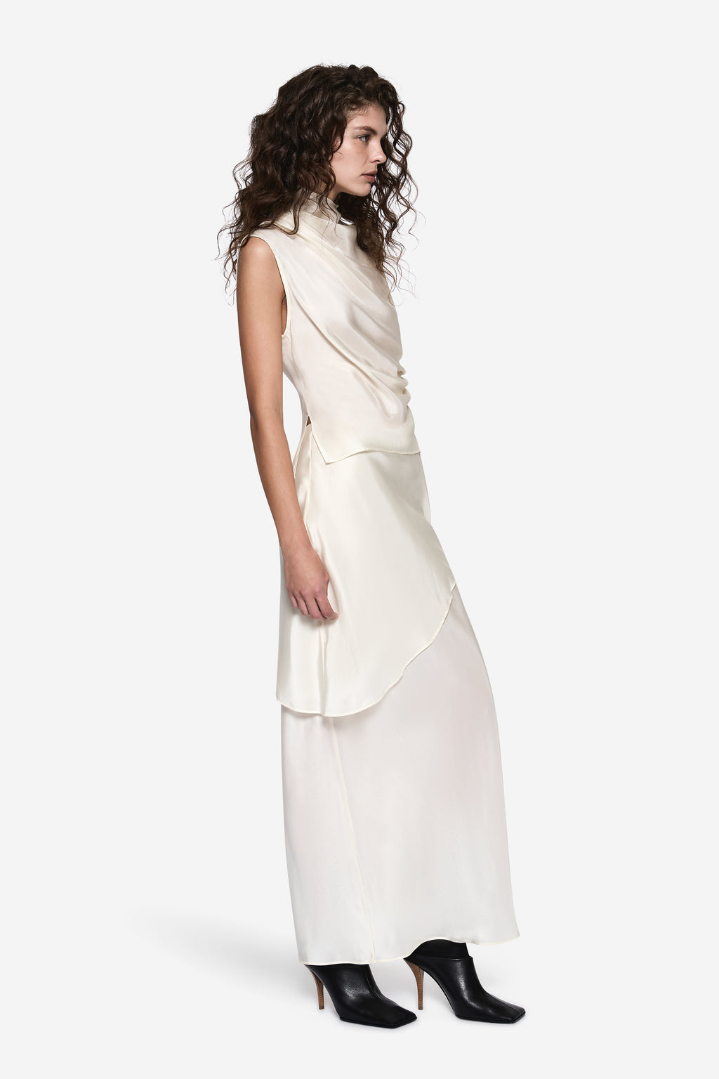 Winter white bias-cut silk skirt with asymmetric front drape and column silhouette