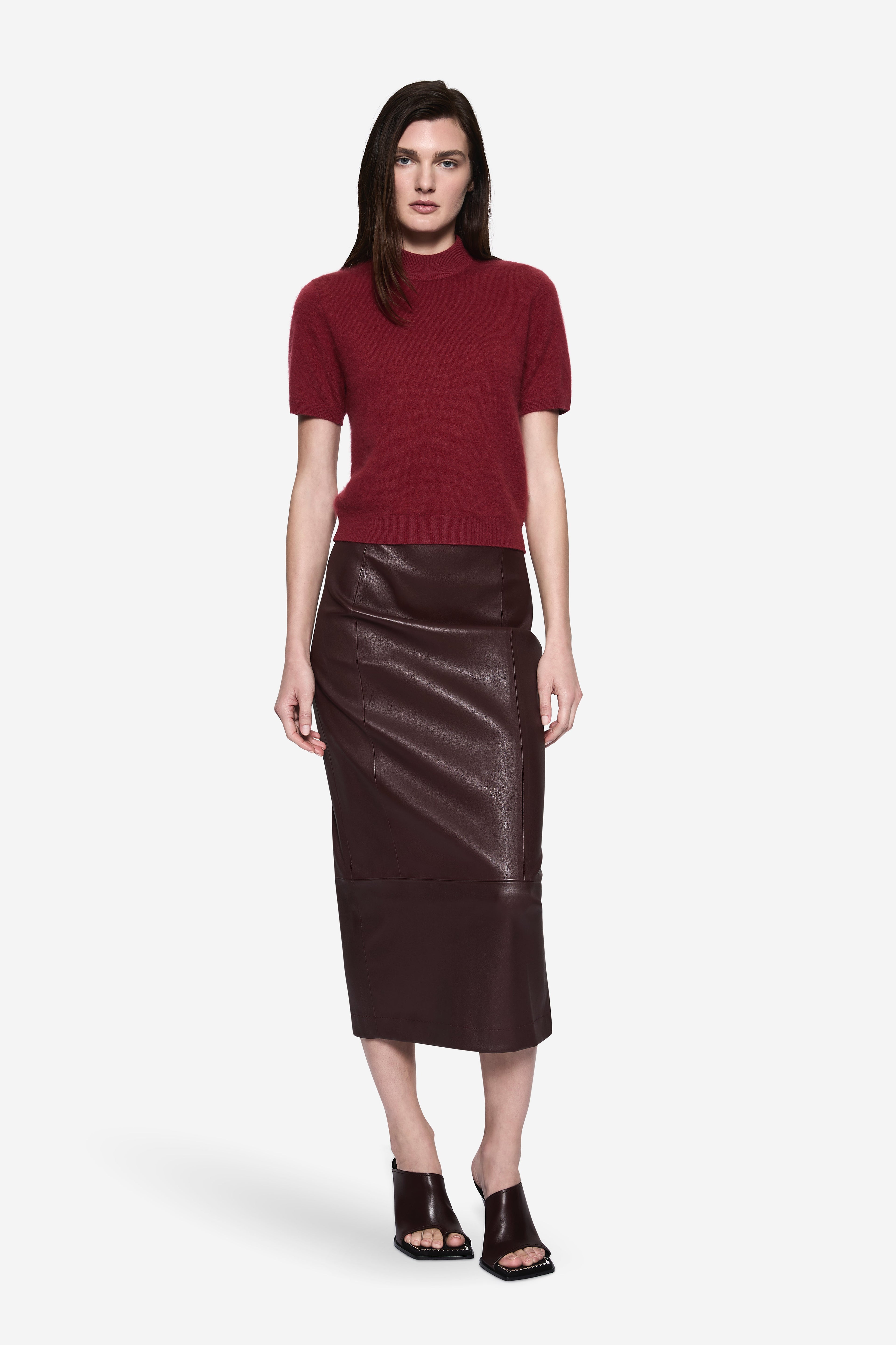 High-waist stretch leather pencil skirt, dark chocolate-brown, center seam