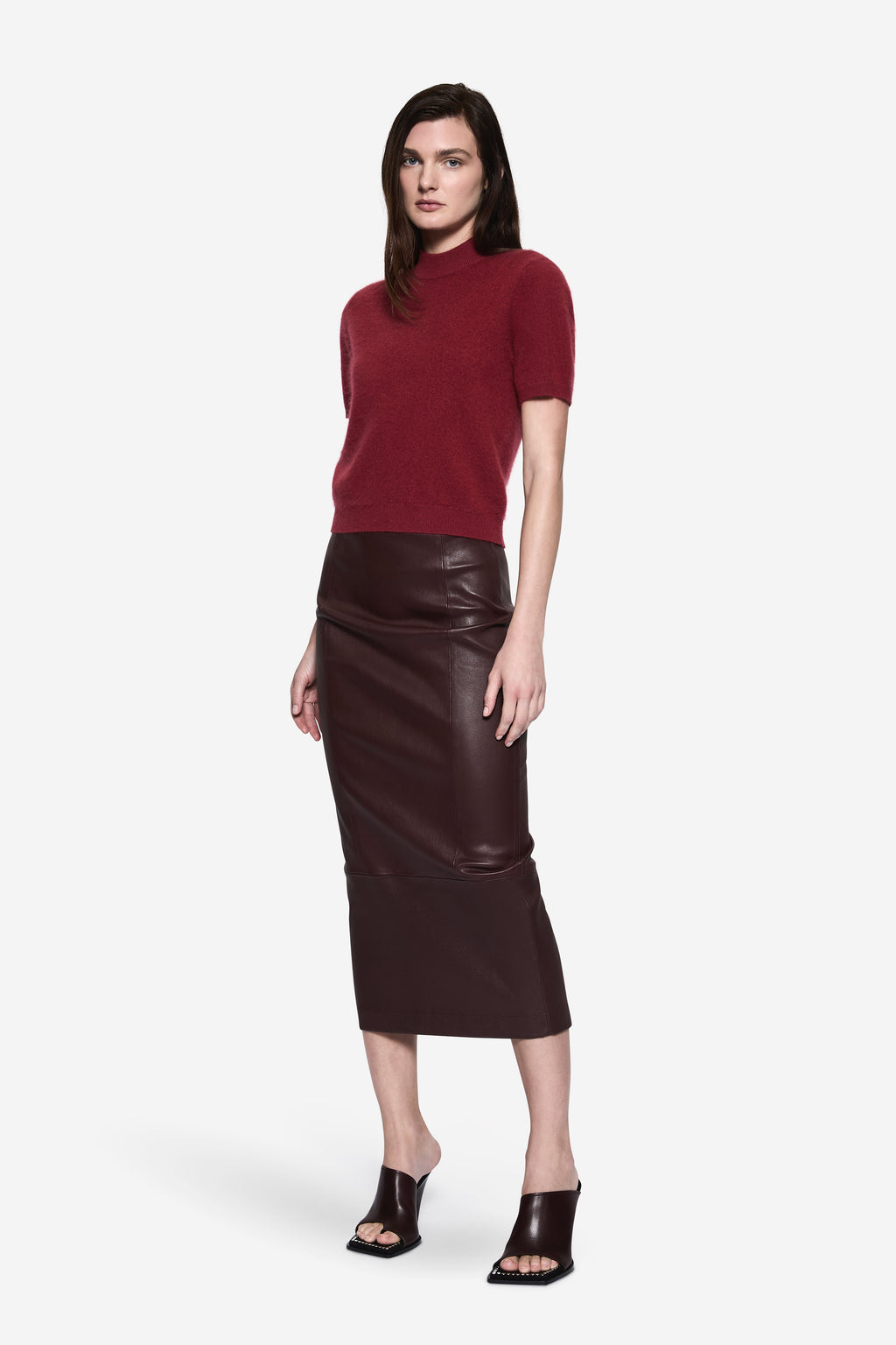 Stretch leather pencil skirt, dark chocolate-brown, draped center seam and front panel