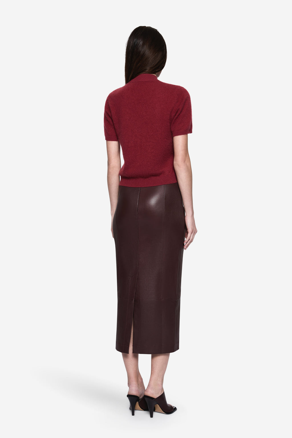 Back-view high-waist stretch leather pencil skirt, dark chocolate-brown, center seam