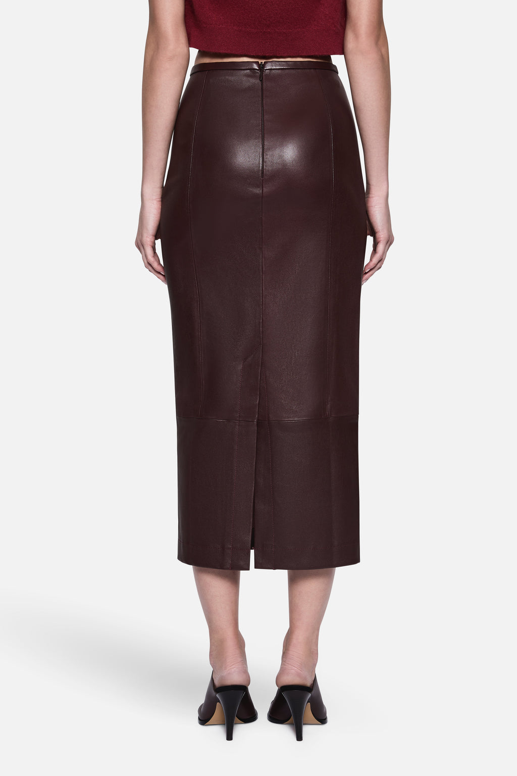 High-waist dark chocolate-brown leather pencil skirt with front center seam and slit