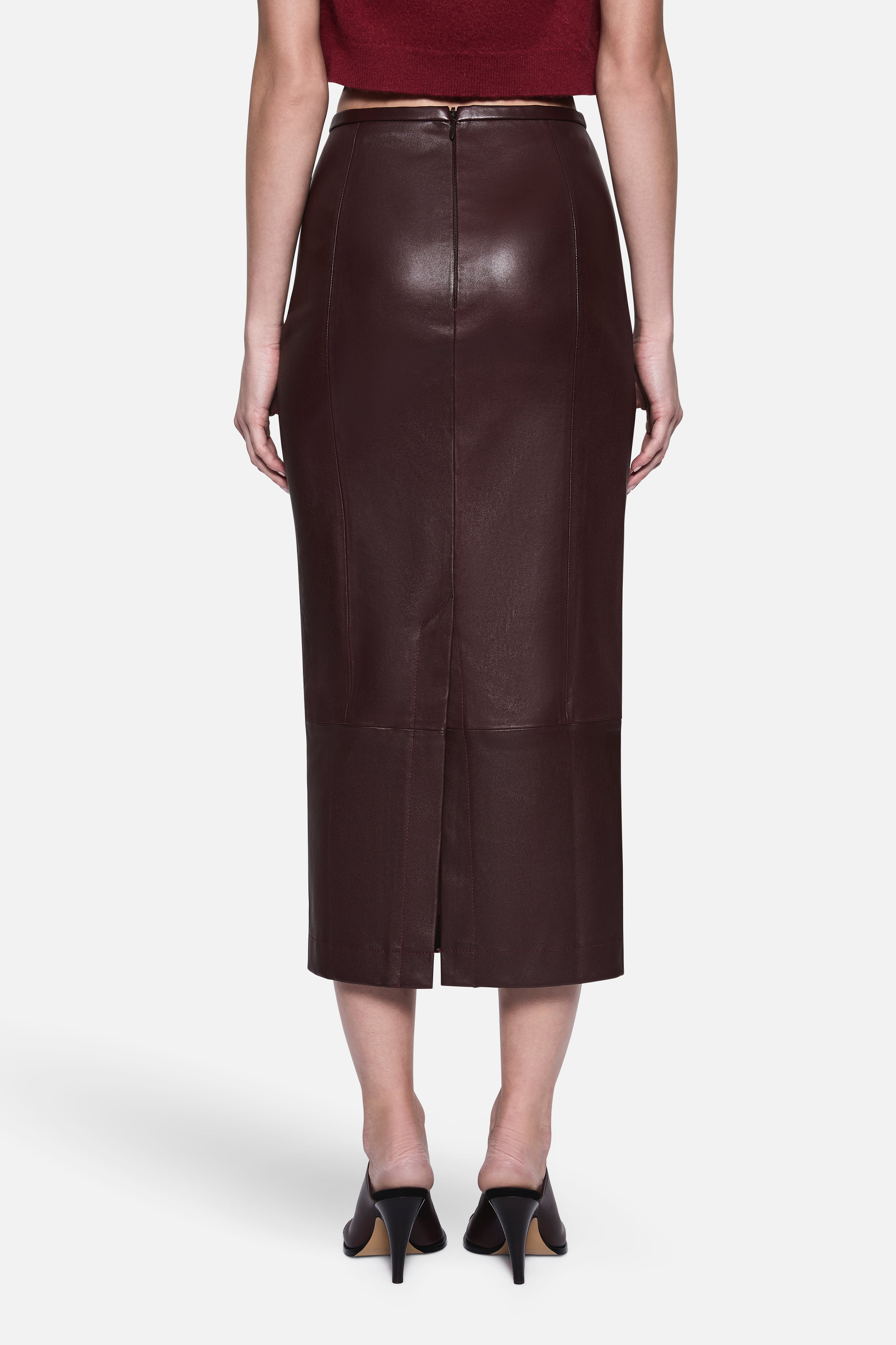 High-waist dark chocolate-brown leather pencil skirt with front center seam and slit