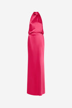 Cerise satin halter maxi dress, high-neck drape detail