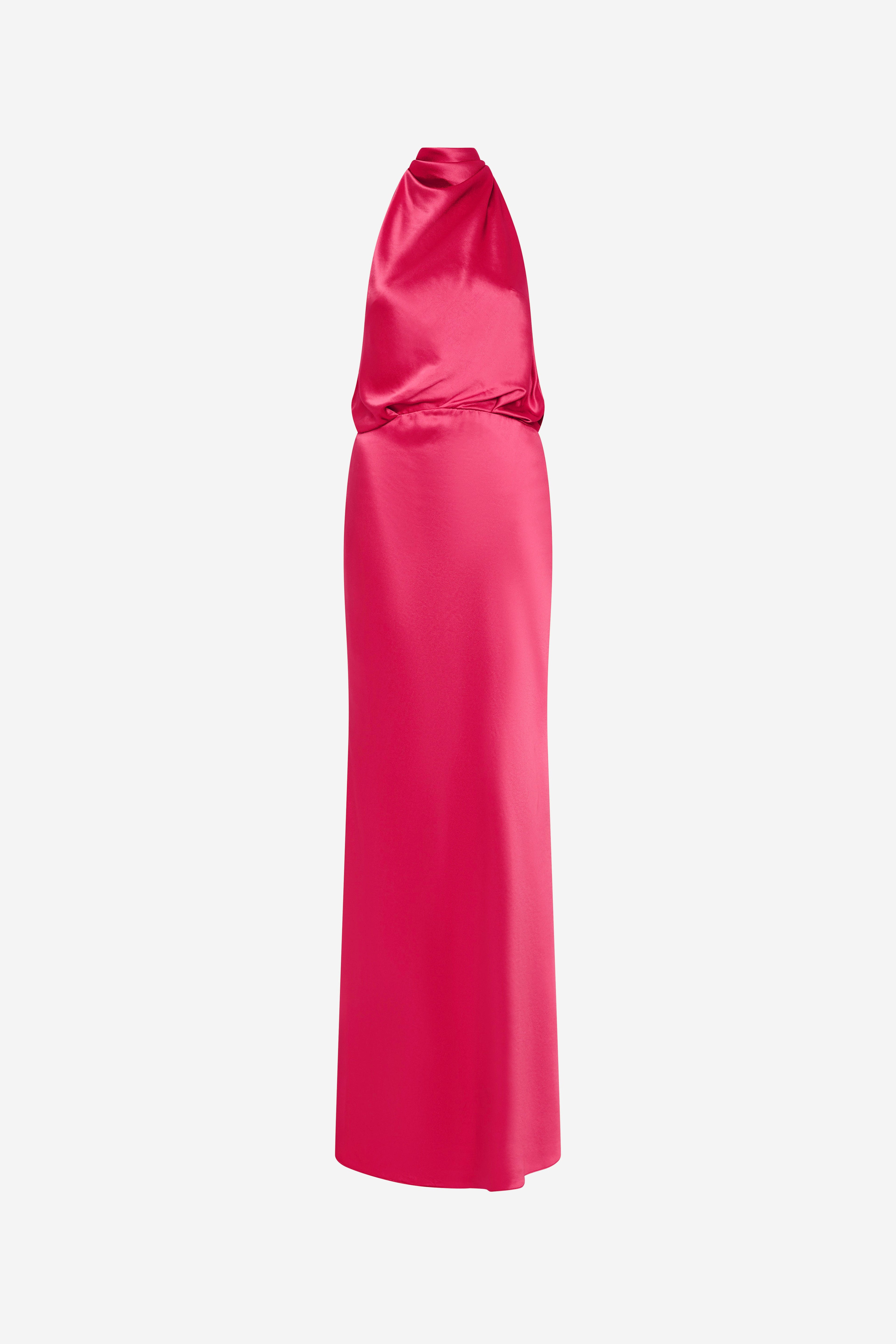 Cerise satin halter maxi dress, high-neck drape detail