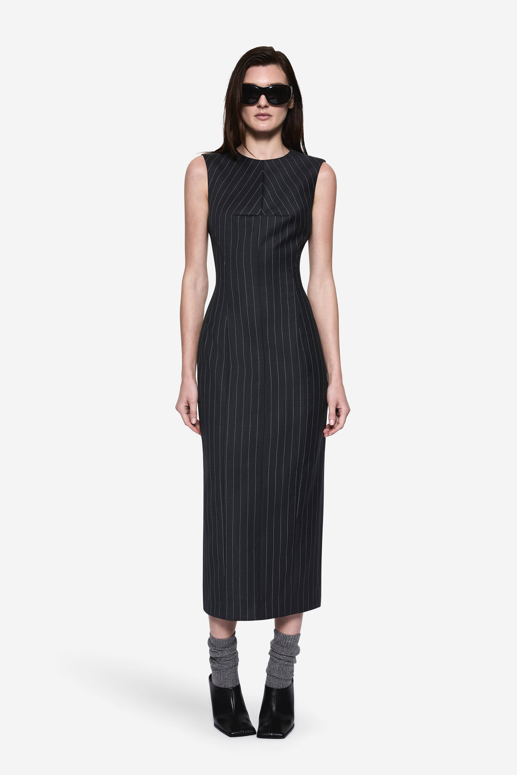 Charcoal pinstripe wool sleeveless dress, fitted crew neck, midi length