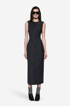 Charcoal pinstripe wool sleeveless dress, fitted crew neck, midi length