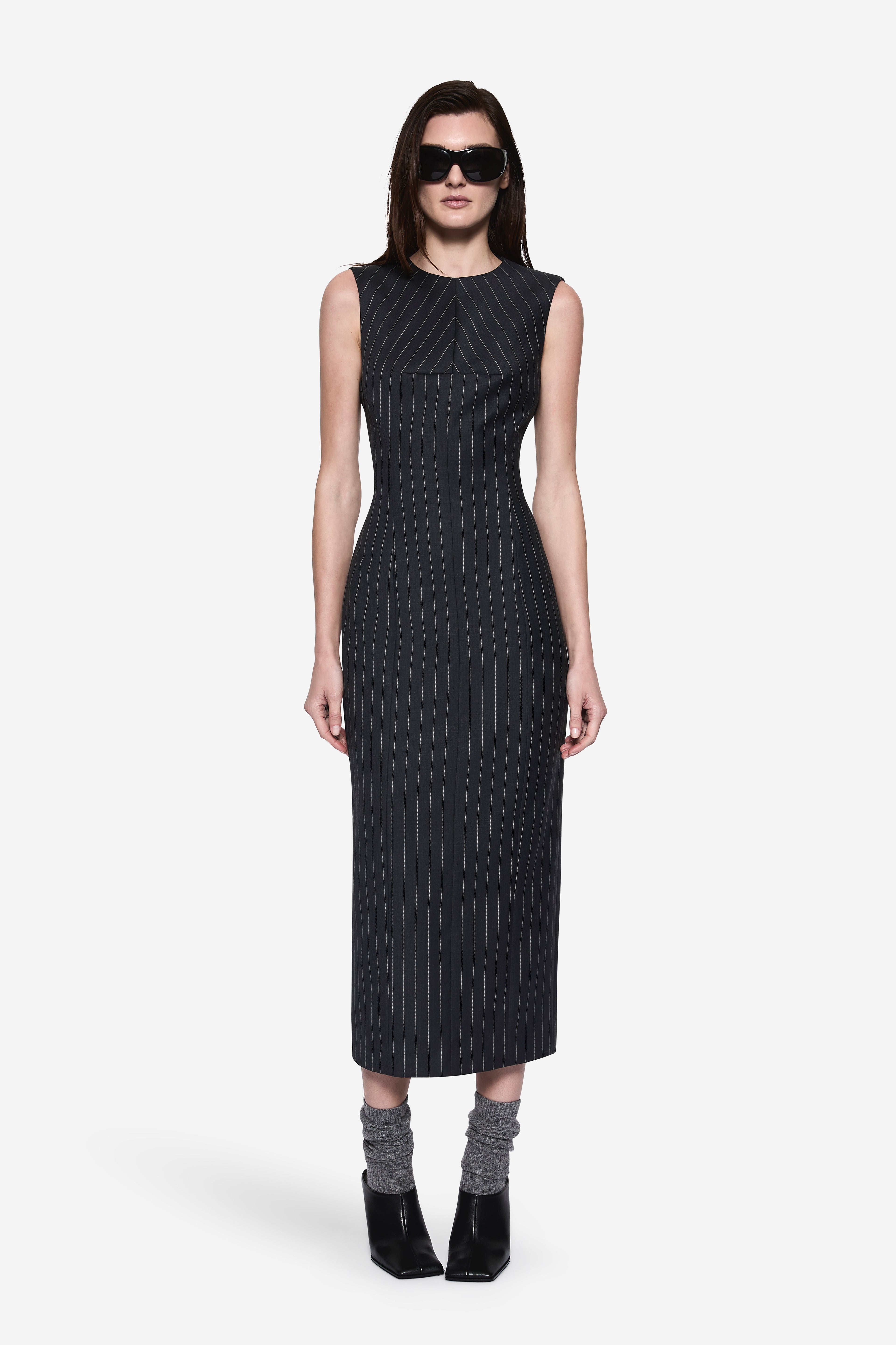 Charcoal pinstripe wool sleeveless dress, fitted crew neck, midi length