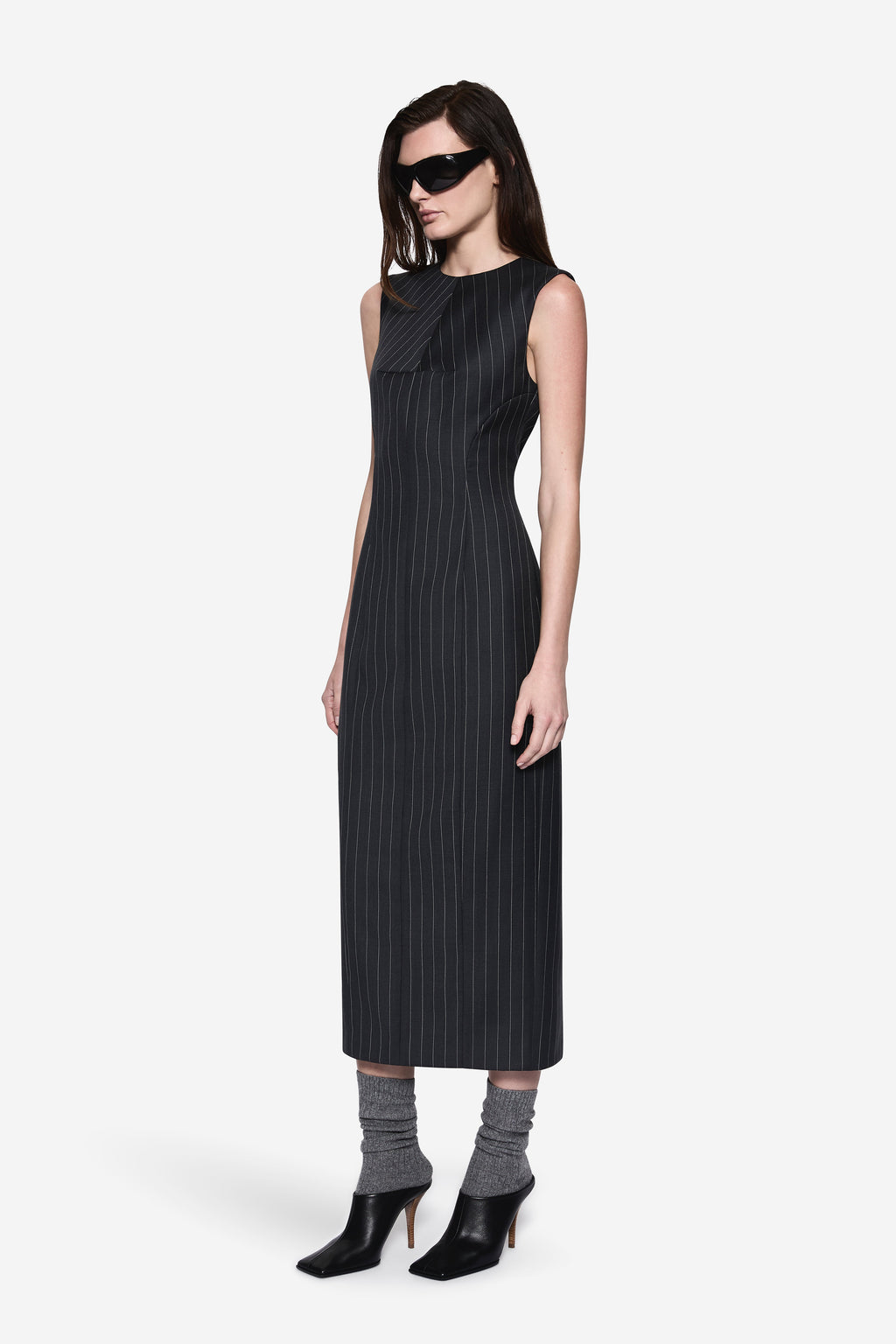 Charcoal pinstripe wool sleeveless midi dress with round neckline