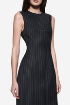 Charcoal pinstripe wool sleeveless dress with curved seams and subtle darts
