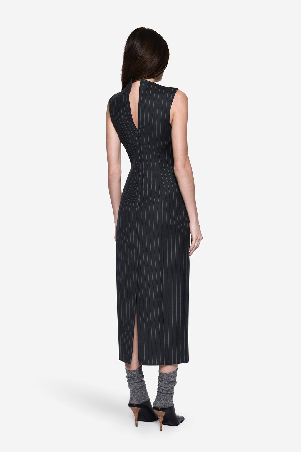 Charcoal pinstripe wool sleeveless dress, open back with center-back slit